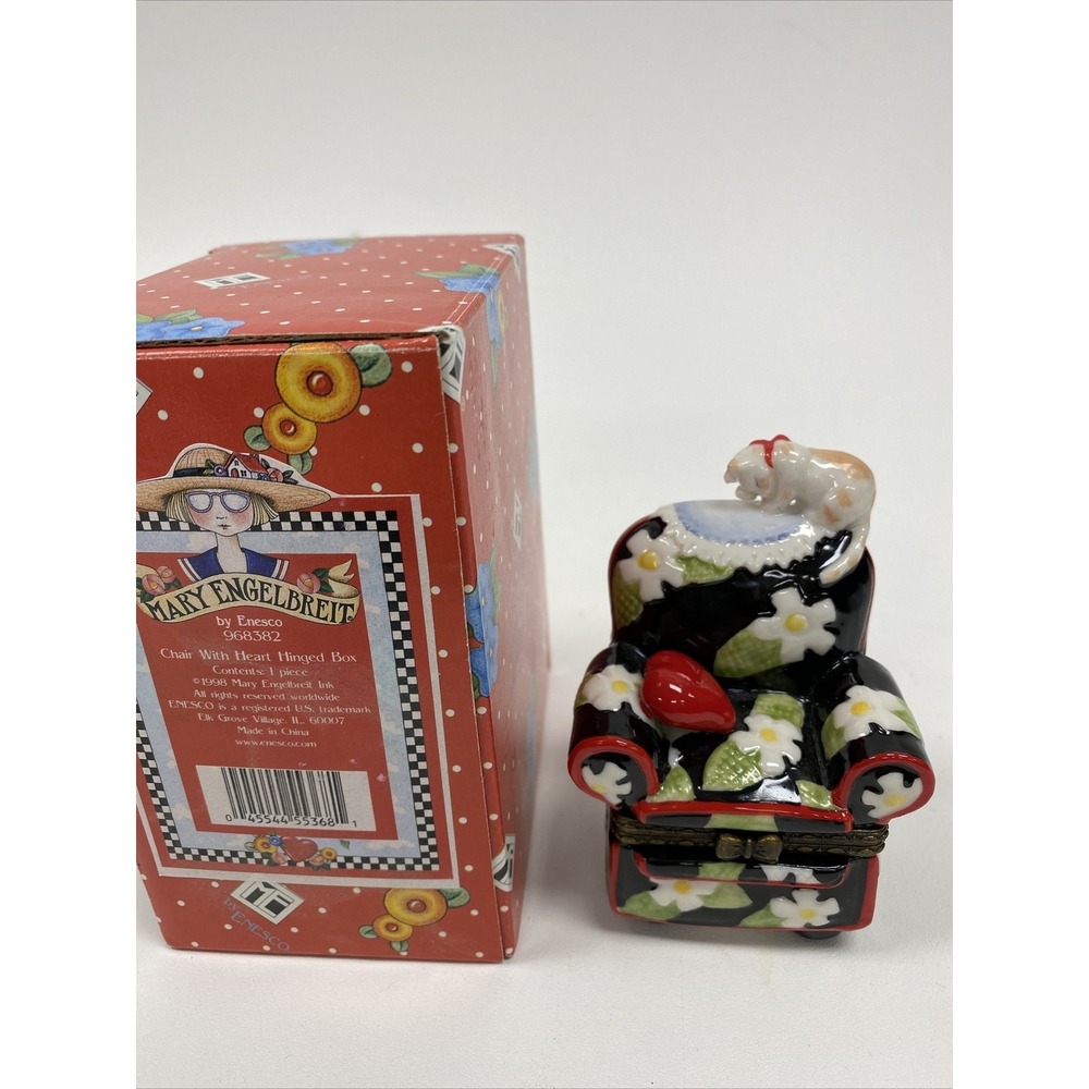 Mary Engelbreit Porcelain Trinket Box Floral Chair Heart Cat Hinged Enesco 1998 - Picture 2 of 11